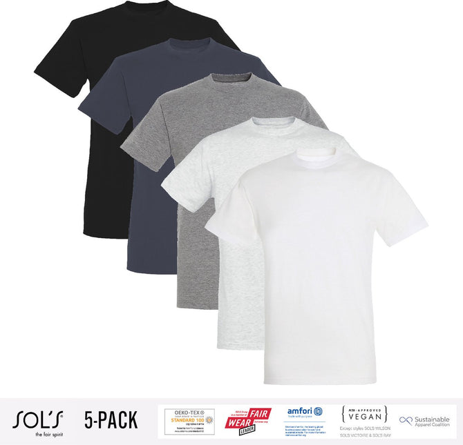 5 Pack Sol's Heren T-Shirt 100% biologisch katoen Ronde hals Zwart, Donker Grijs, Grijs / Lichtgrijs gemeleerd, wit