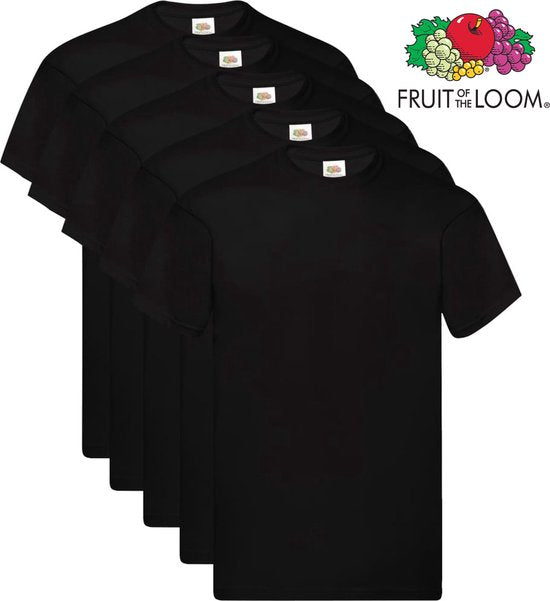 5 Pack Fruit of the Loom Original Heren T-Shirt 100% katoen Ronde hals zwart